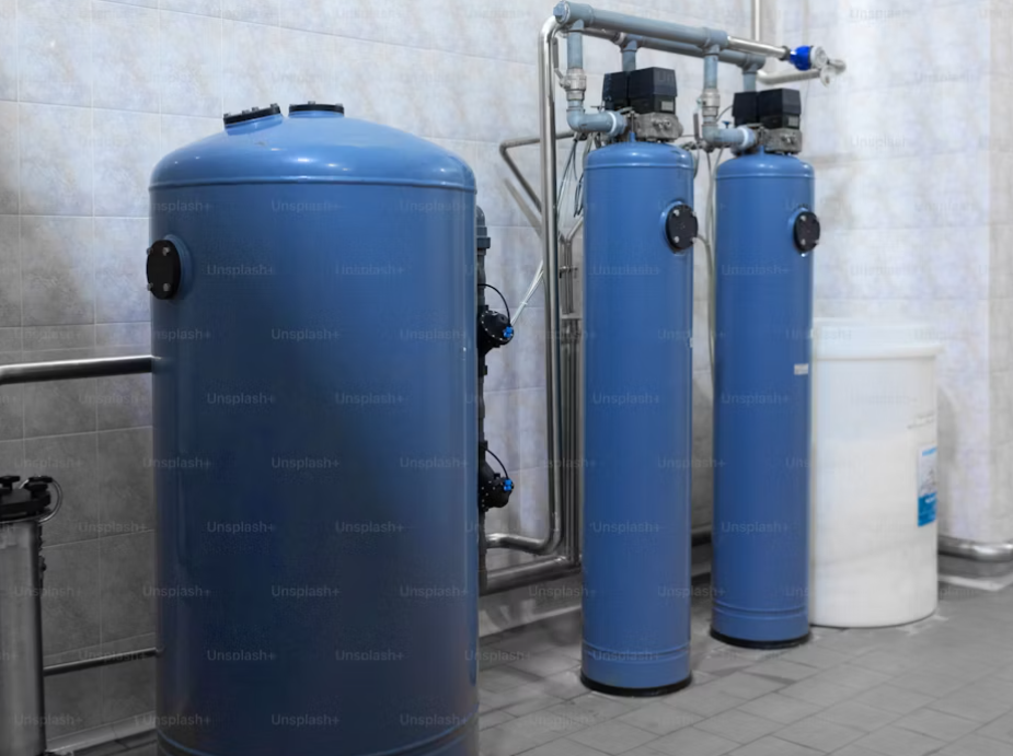 Water heater and treatment tanks installed in a utility room