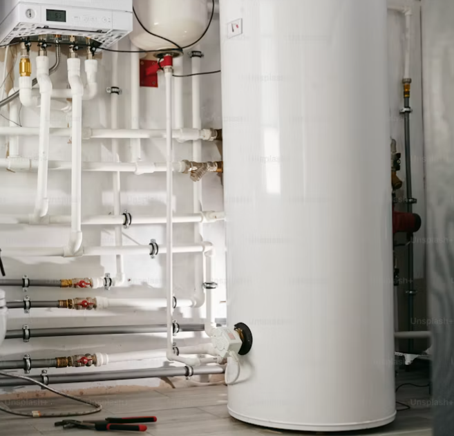 Storage water heater and piping checked for leaks in a mechanical room